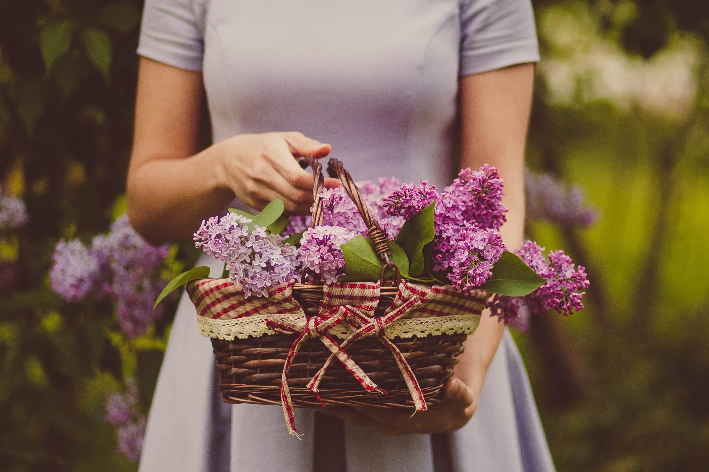 Vestido lilás simples com uma cesta de flores nas mãos